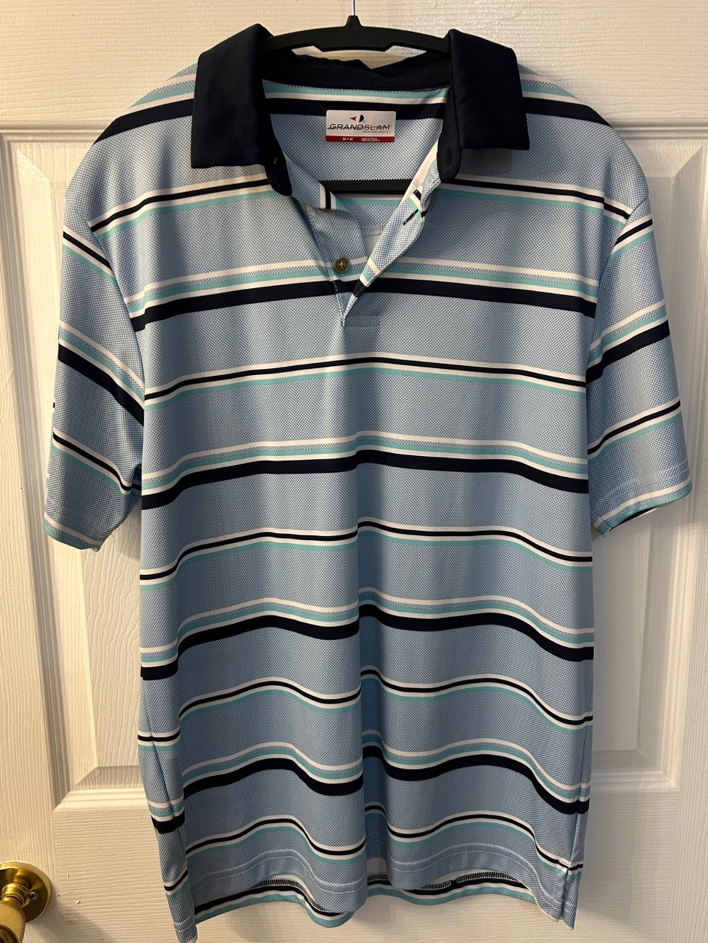 Grand Slam Light Blue Polo with Navy, White and Teal Stripes